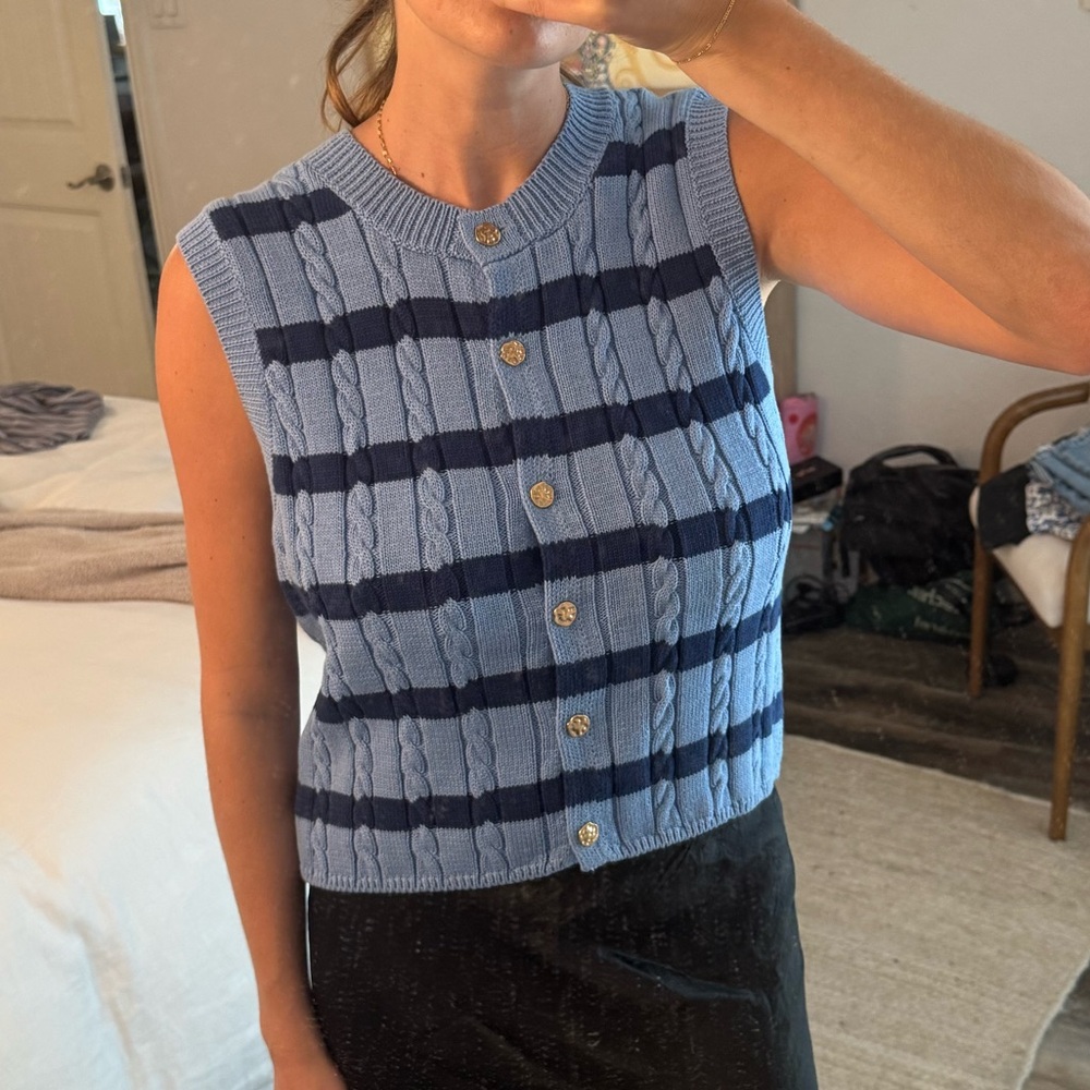 Zara Blue Striped Cableknit Sweater Vest